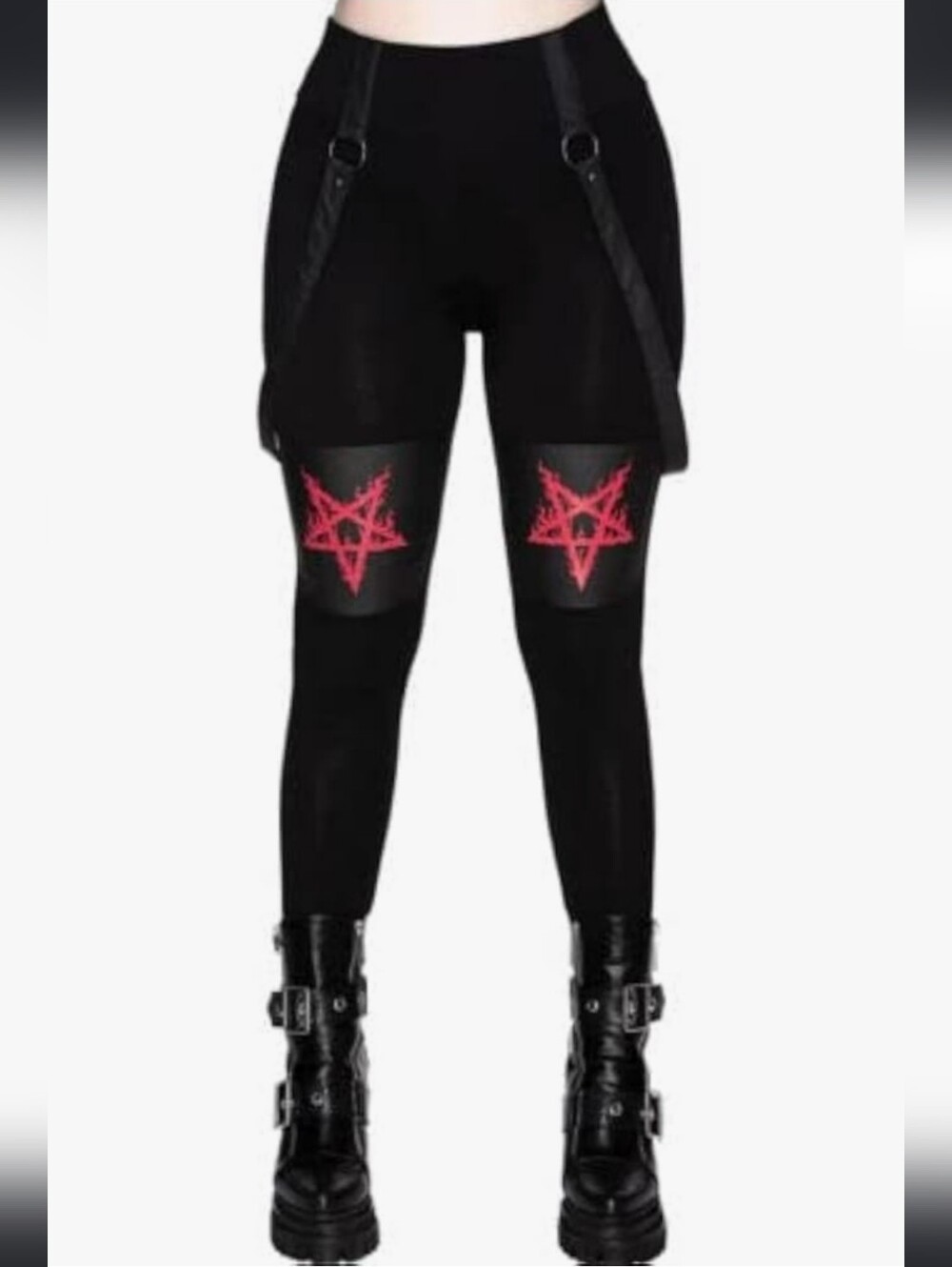 Killstar Black Leggings with Red Pentagram Knees and Harness Straps